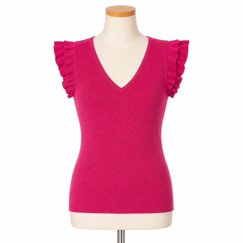 Tahari Ruffle Sleeve Sweater Women Small‎ Pink Ribbed Flutter Knit Short Sleeve